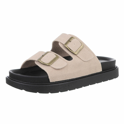 Leder Damen Pantoletten - khaki