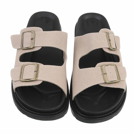 Leder Damen Pantoletten - khaki